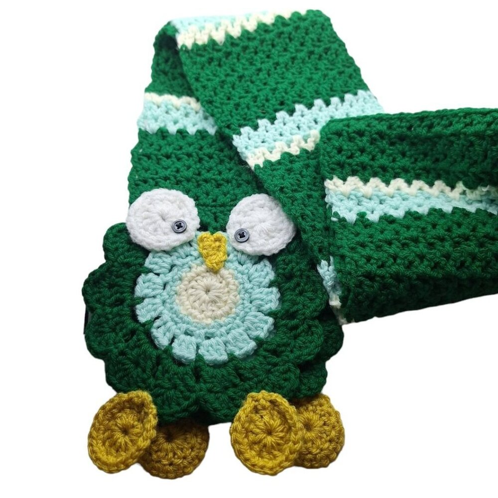 Handmade Owl Scarf Long Knit Crochet Green‎ Blue 72 Inch Buttons Adult Winter